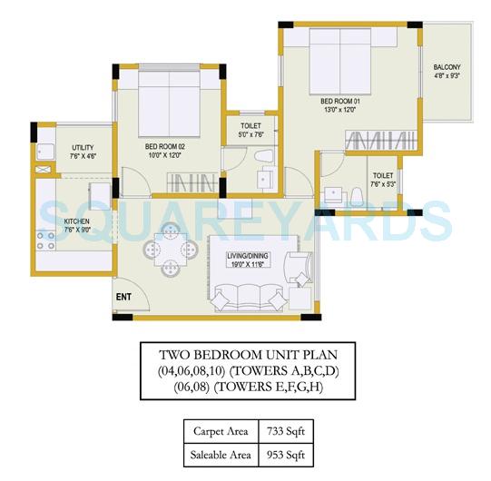 Floor plan of 2 BHK 953 Sq. Ft. Apartment in Ozone Evergreens, Bangalore