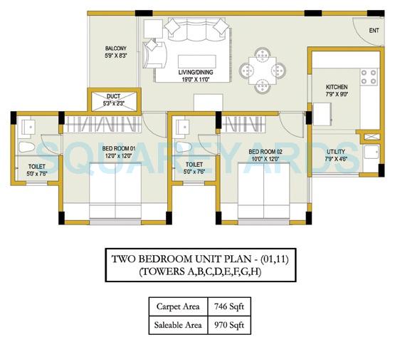 Floor plan of 2 BHK 970 Sq. Ft. Apartment in Ozone Evergreens, Bangalore