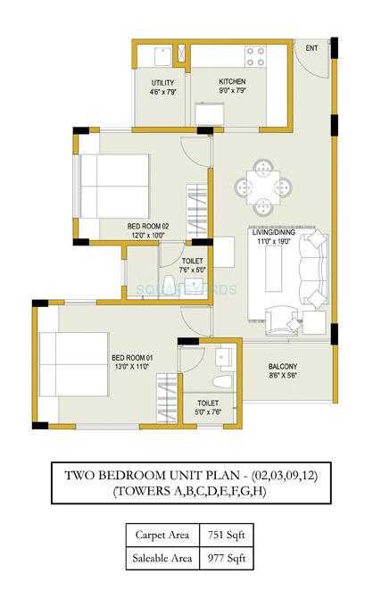 Floor plan of 2 BHK 977 Sq. Ft. Apartment in Ozone Evergreens, Bangalore
