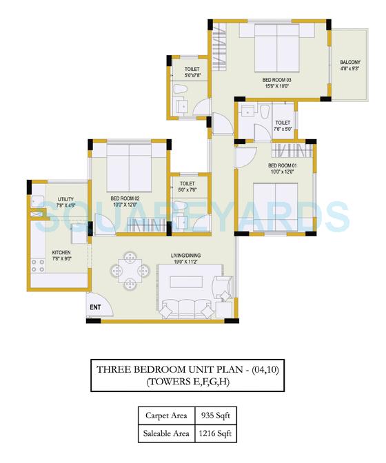 Floor plan of 3 BHK 1216 Sq. Ft. Apartment in Ozone Evergreens, Bangalore