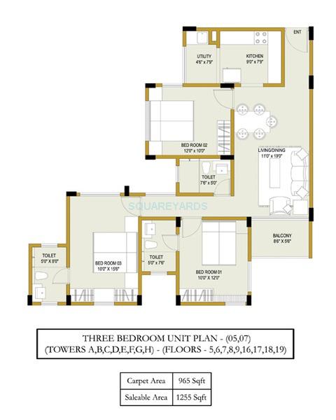 Floor plan of 3 BHK 1255 Sq. Ft. Apartment in Ozone Evergreens, Bangalore