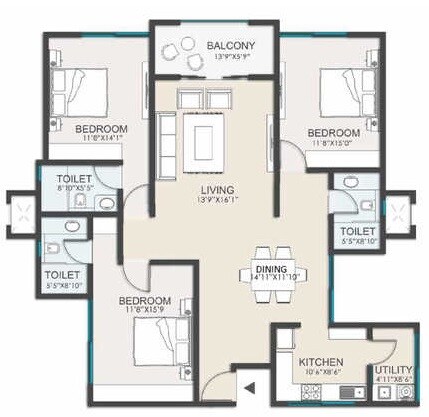 Floor plan of 3 BHK 1878 Sq. Ft. Apartment in Ozone Green View, Bangalore