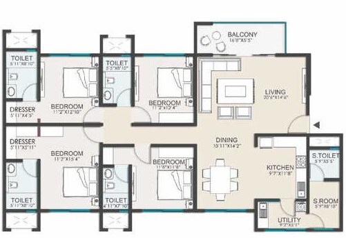 Floor plan of 4 BHK 2575 Sq. Ft. Apartment in Ozone Green View, Bangalore