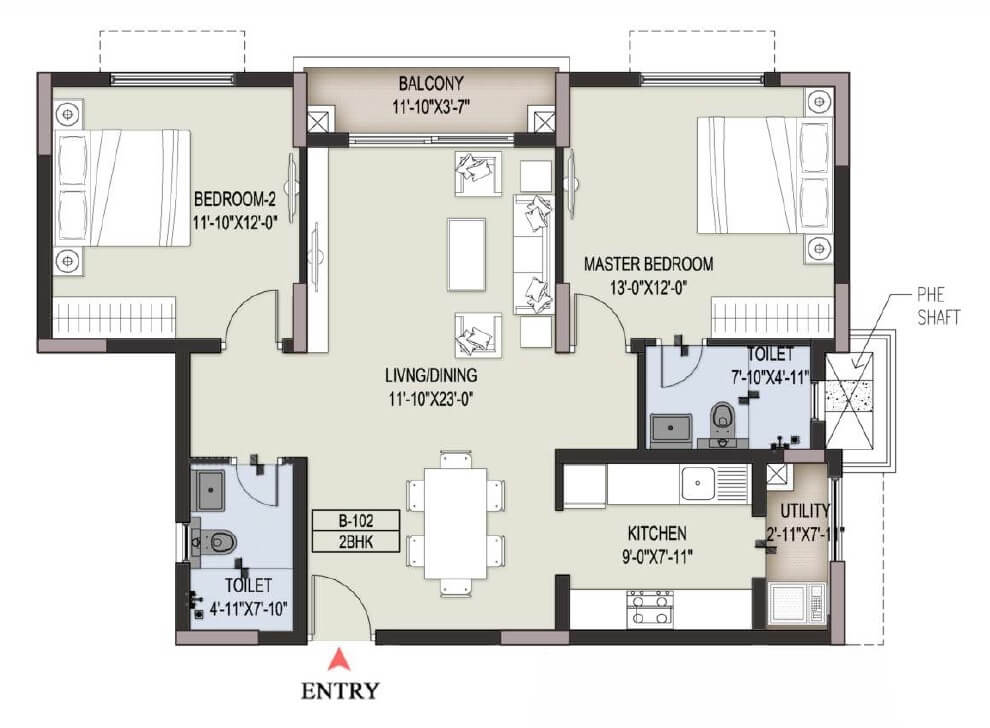 Floor plan of 2 BHK 1251 Sq. Ft. Apartment in Ozone Pole Star, Bangalore