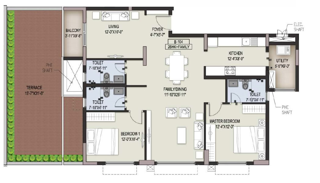 Floor plan of 2 BHK 1633 Sq. Ft. Apartment in Ozone Pole Star, Bangalore