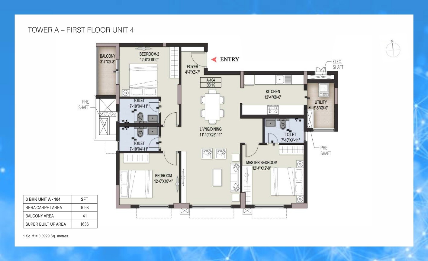 Floor plan of 3 BHK 1636 Sq. Ft. Apartment in Ozone Pole Star, Bangalore