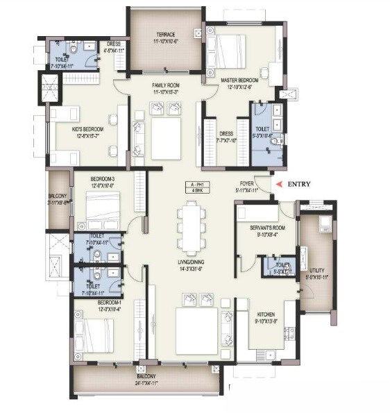 Floor plan of 4 BHK 3052 Sq. Ft. Apartment in Ozone Pole Star, Bangalore