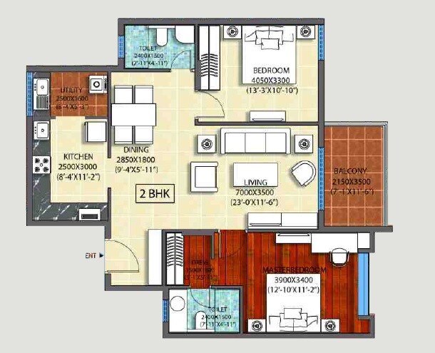 Floor plan of 2 BHK 1365 Sq. Ft. Apartment in Ozone Promenade, Bangalore