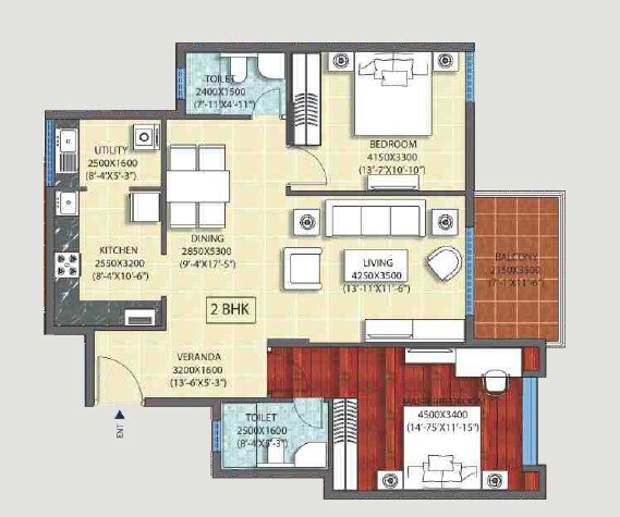 Floor plan of 2 BHK 1400 Sq. Ft. Apartment in Ozone Promenade, Bangalore