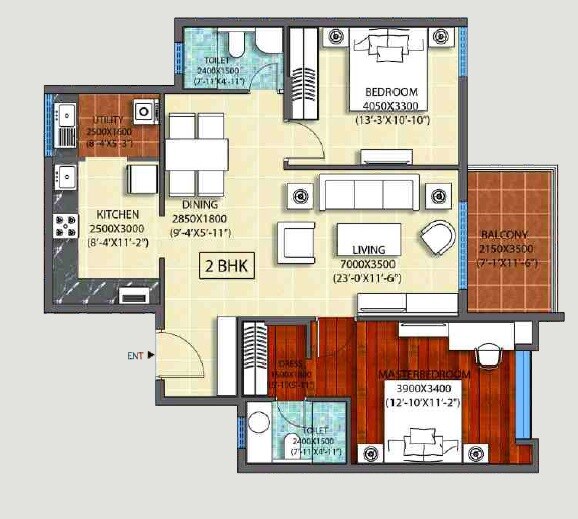 Floor plan of 2 BHK 1475 Sq. Ft. Apartment in Ozone Promenade, Bangalore