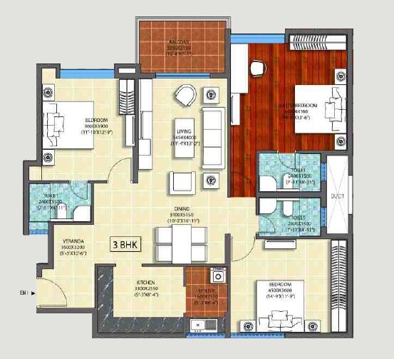 Floor plan of 3 BHK 1795 Sq. Ft. Apartment in Ozone Promenade, Bangalore