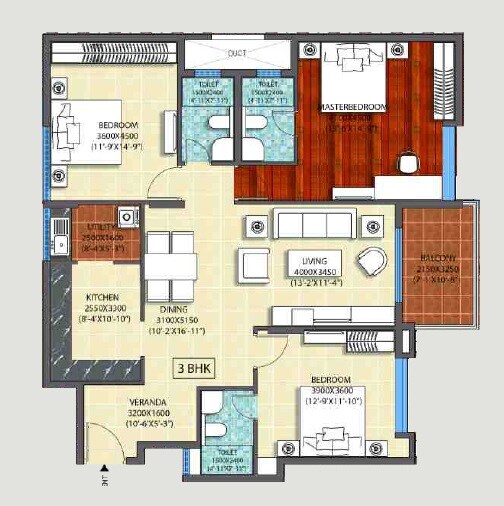 Floor plan of 3 BHK 1800 Sq. Ft. Apartment in Ozone Promenade, Bangalore