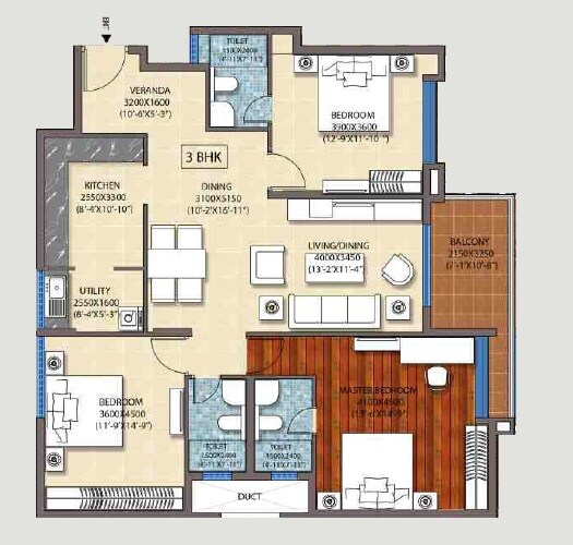 Floor plan of 3 BHK 1825 Sq. Ft. Apartment in Ozone Promenade, Bangalore