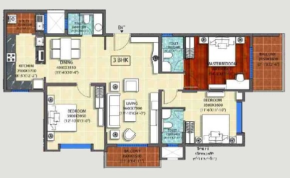 Floor plan of 3 BHK 1875 Sq. Ft. Apartment in Ozone Promenade, Bangalore