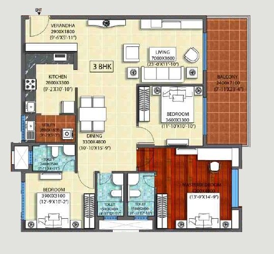Floor plan of 3 BHK 1960 Sq. Ft. Apartment in Ozone Promenade, Bangalore