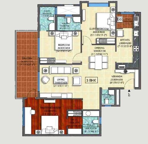 Floor plan of 3 BHK 2085 Sq. Ft. Apartment in Ozone Promenade, Bangalore
