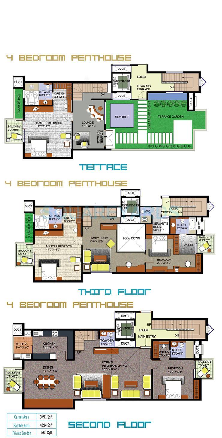 Floor plan of 4 BHK 4694 Sq. Ft. Penthouse in Ozone Residenza, Bangalore