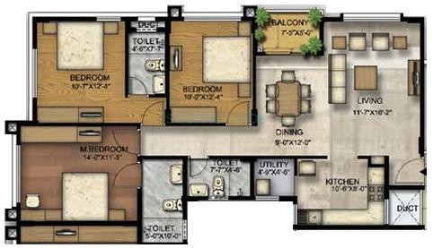 Floor plan of 3 BHK 1458 Sq. Ft. Apartment in Ozone Serene Urbana, Bangalore
