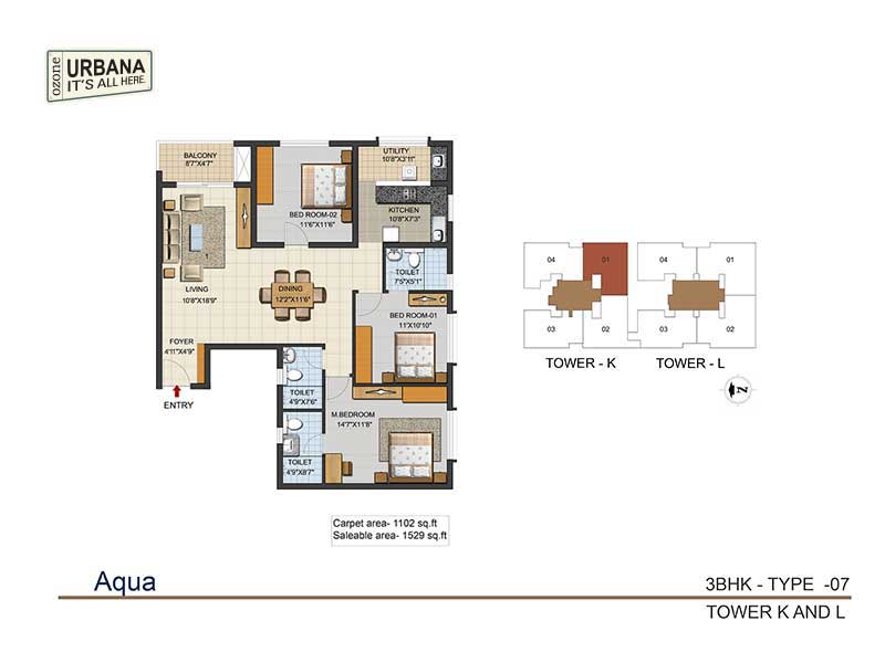 Floor plan of 3 BHK 1529 Sq. Ft. Apartment in Ozone Urbana Aqua 2, Bangalore