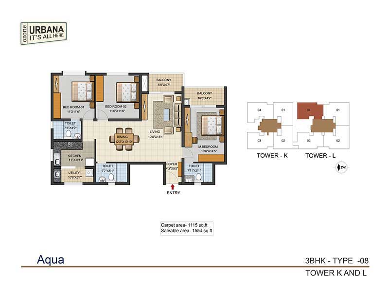 Floor plan of 3 BHK 1554 Sq. Ft. Apartment in Ozone Urbana Aqua 2, Bangalore