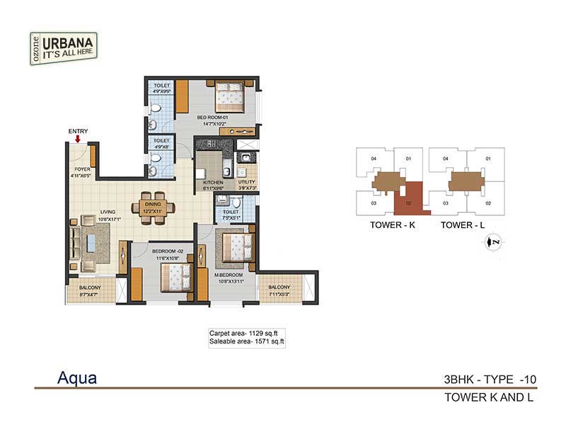 Floor plan of 3 BHK 1571 Sq. Ft. Apartment in Ozone Urbana Aqua 2, Bangalore