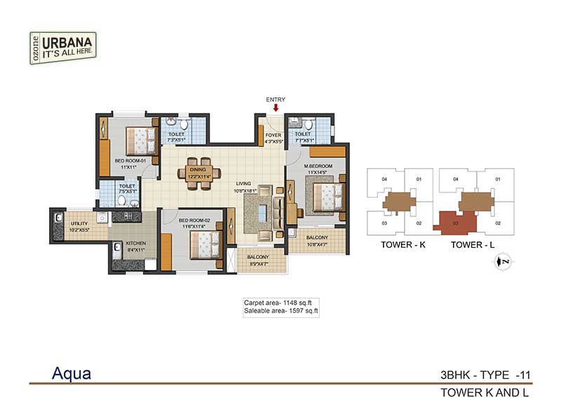 Floor plan of 3 BHK 1597 Sq. Ft. Apartment in Ozone Urbana Aqua 2, Bangalore
