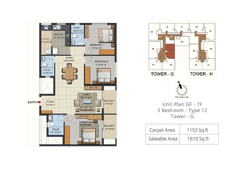 Floor plan of 3 BHK 1610 Sq. Ft. Apartment in Ozone Urbana Aqua 2, Bangalore
