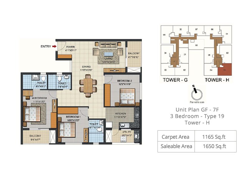 Floor plan of 3 BHK 1650 Sq. Ft. Apartment in Ozone Urbana Aqua 2, Bangalore