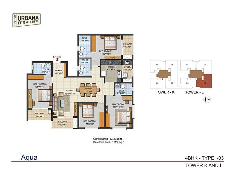 Floor plan of 4 BHK 1922 Sq. Ft. Apartment in Ozone Urbana Aqua 2, Bangalore