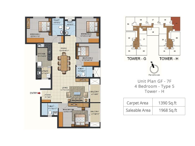 Floor plan of 4 BHK 1968 Sq. Ft. Apartment in Ozone Urbana Aqua 2, Bangalore