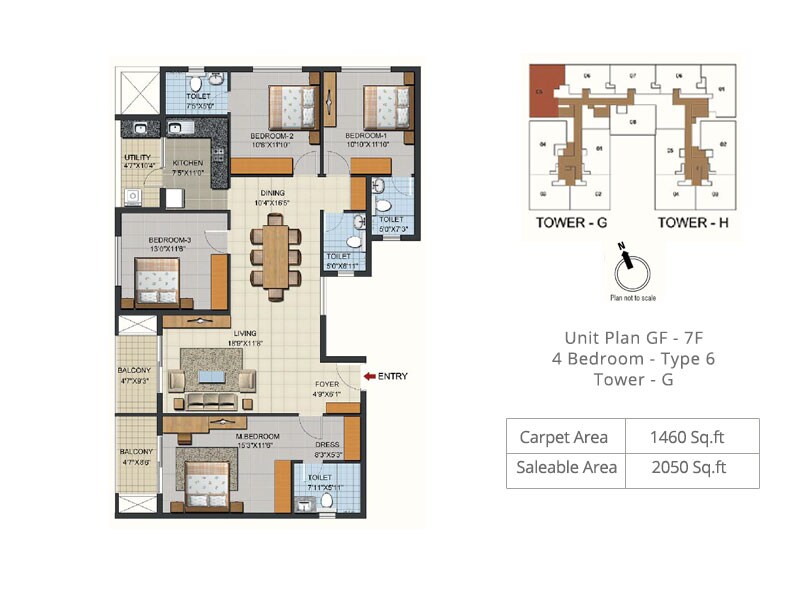 Floor plan of 4 BHK 2050 Sq. Ft. Apartment in Ozone Urbana Aqua 2, Bangalore