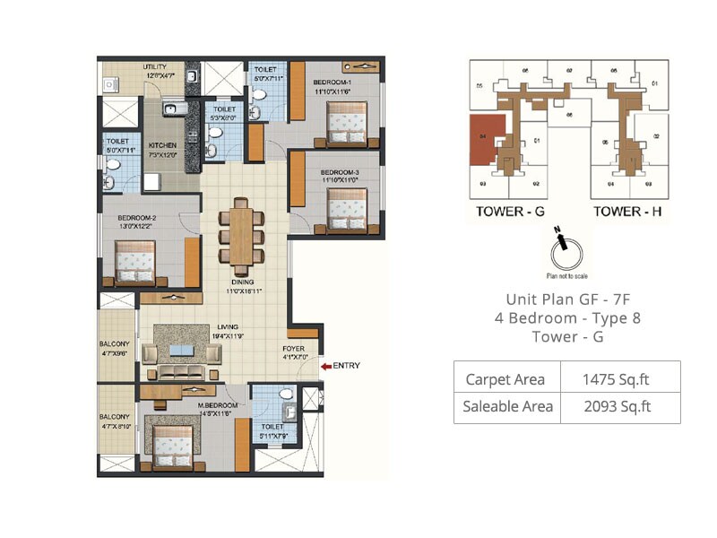 Floor plan of 4 BHK 2093 Sq. Ft. Apartment in Ozone Urbana Aqua 2, Bangalore