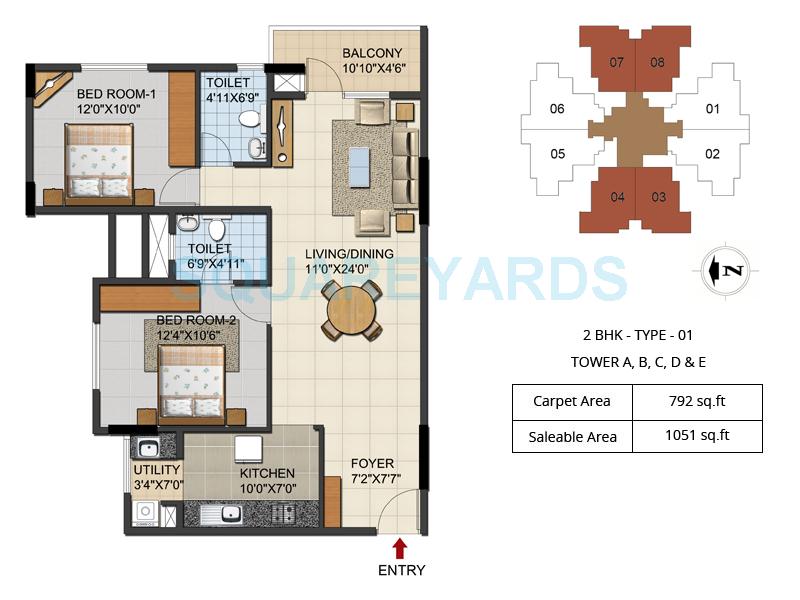 Floor plan of 2 BHK 1051 Sq. Ft. Apartment in Ozone Urbana Aqua, Bangalore