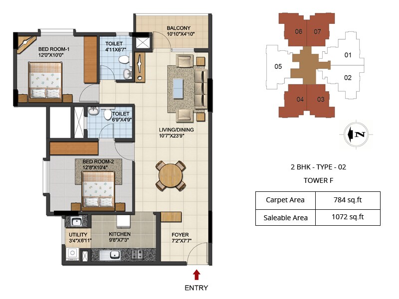 Floor plan of 2 BHK 1072 Sq. Ft. Apartment in Ozone Urbana Aqua, Bangalore