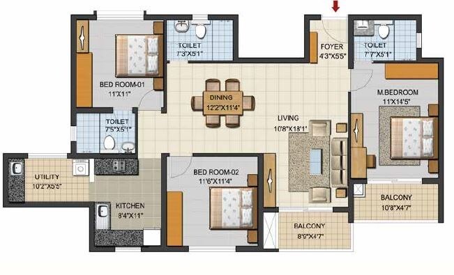Floor plan of 3 BHK 1597 Sq. Ft. Apartment in Ozone Urbana Aqua, Bangalore