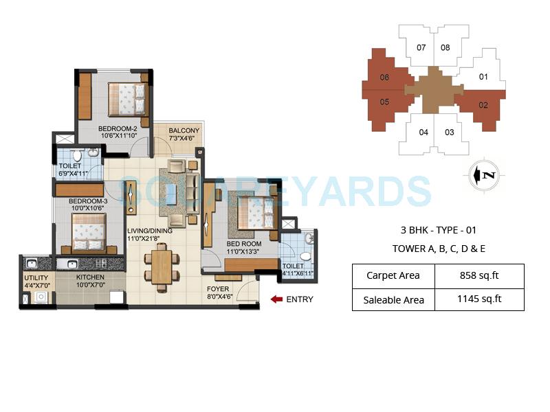 Floor plan of 3 BHK 1145 Sq. Ft. Apartment in Ozone Urbana Aqua, Bangalore