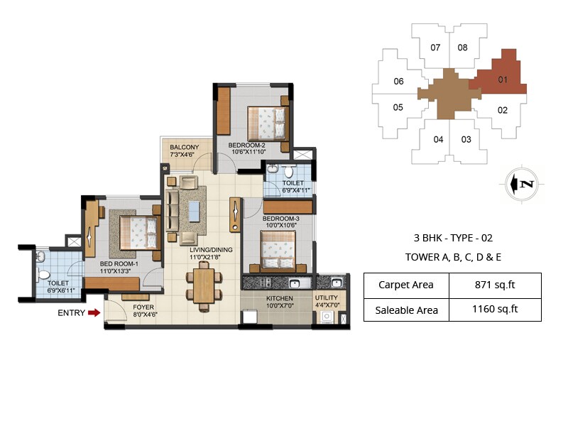 Floor plan of 3 BHK 1160 Sq. Ft. Apartment in Ozone Urbana Aqua, Bangalore