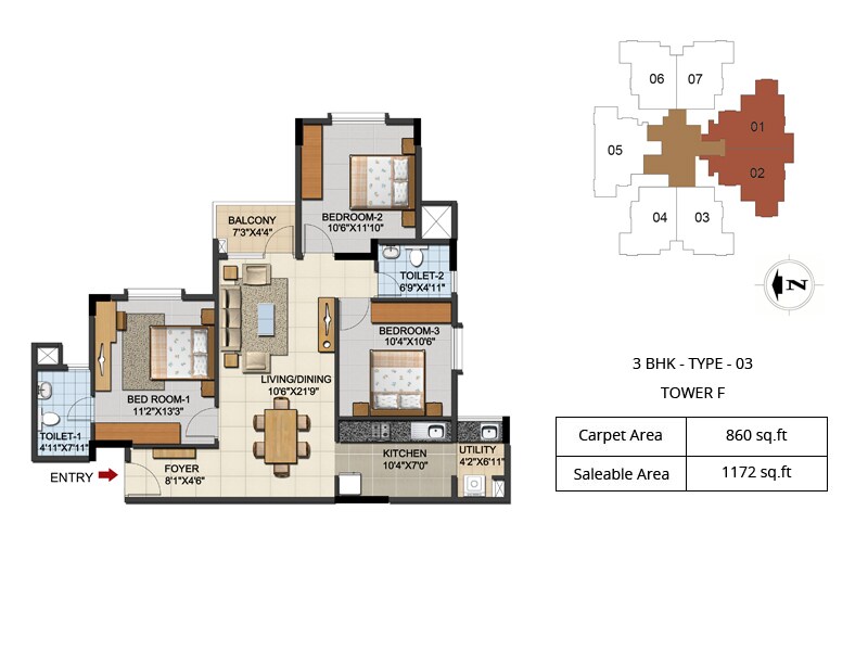 Floor plan of 3 BHK 1172 Sq. Ft. Apartment in Ozone Urbana Aqua, Bangalore