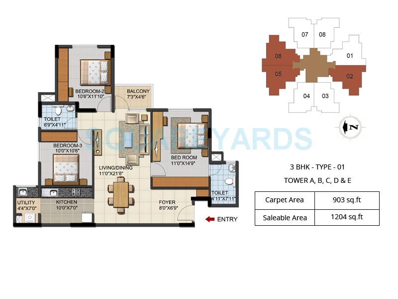 Floor plan of 3 BHK 1204 Sq. Ft. Apartment in Ozone Urbana Aqua, Bangalore