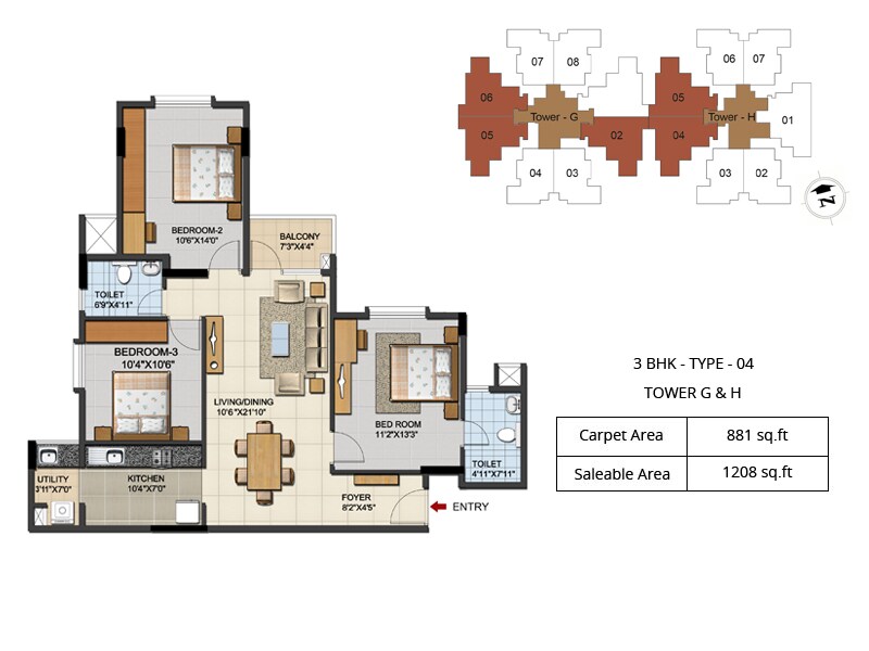 Floor plan of 3 BHK 1208 Sq. Ft. Apartment in Ozone Urbana Aqua, Bangalore