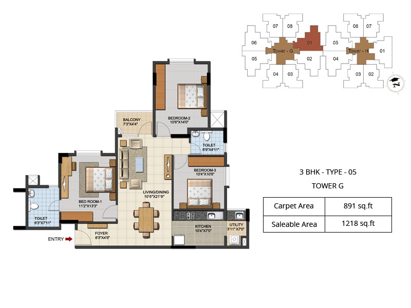 Floor plan of 3 BHK 1218 Sq. Ft. Apartment in Ozone Urbana Aqua, Bangalore