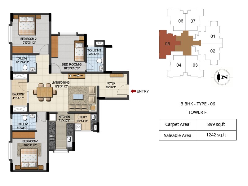 Floor plan of 3 BHK 1242 Sq. Ft. Apartment in Ozone Urbana Aqua, Bangalore