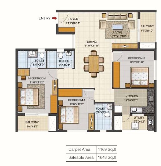 Floor plan of 3 BHK 1648 Sq. Ft. Apartment in Ozone Urbana Aqua, Bangalore