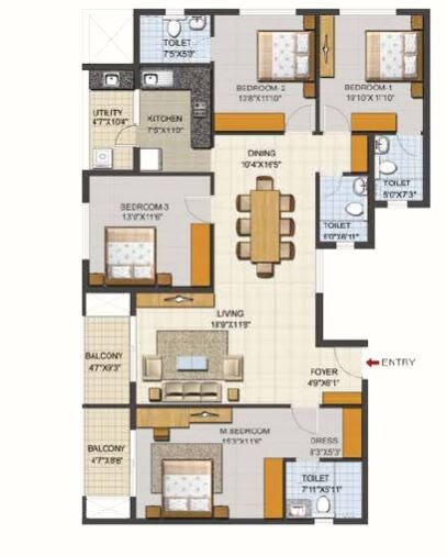 Floor plan of 4 BHK 1874 Sq. Ft. Apartment in Ozone Urbana Aqua, Bangalore