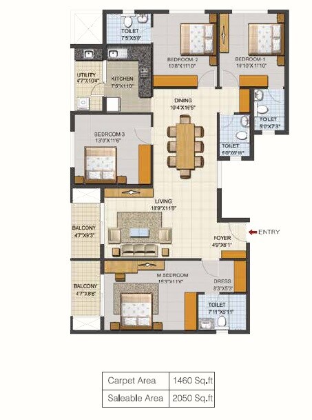Floor plan of 4 BHK 2050 Sq. Ft. Apartment in Ozone Urbana Aqua, Bangalore