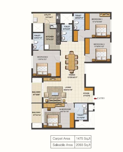 Floor plan of 4 BHK 2093 Sq. Ft. Apartment in Ozone Urbana Aqua, Bangalore