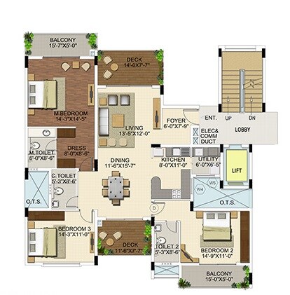 Floor plan of 3 BHK 1367 Sq. Ft. Apartment in Ozone Urbana Aura, Bangalore