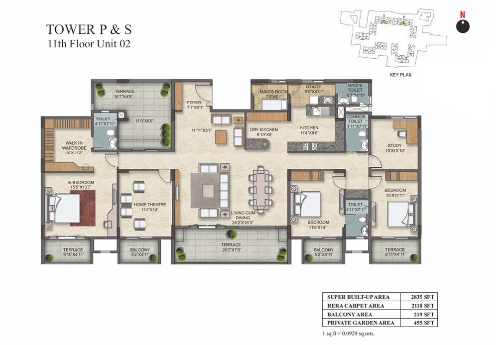 Floor plan of 2 BHK 2835 Sq. Ft. Penthouse in Ozone Urbana Avenue, Bangalore