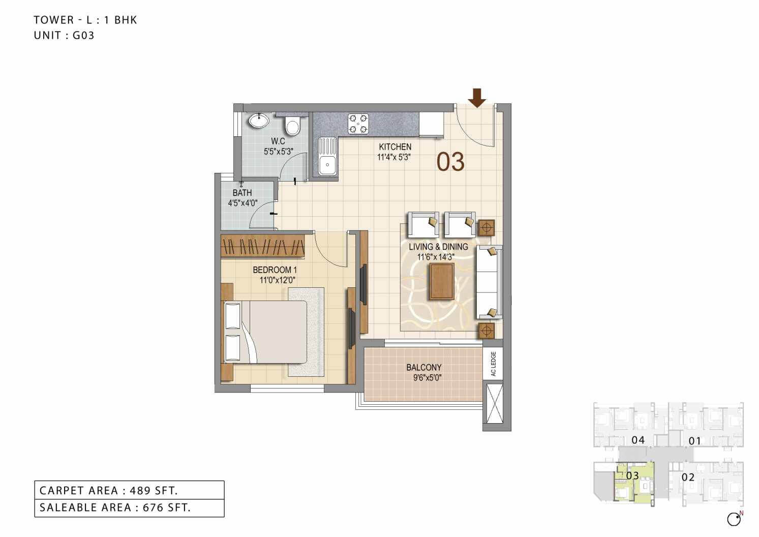 Floor plan of 1 BHK 676 Sq. Ft. Apartment in Ozone Urbana Heights, Bangalore