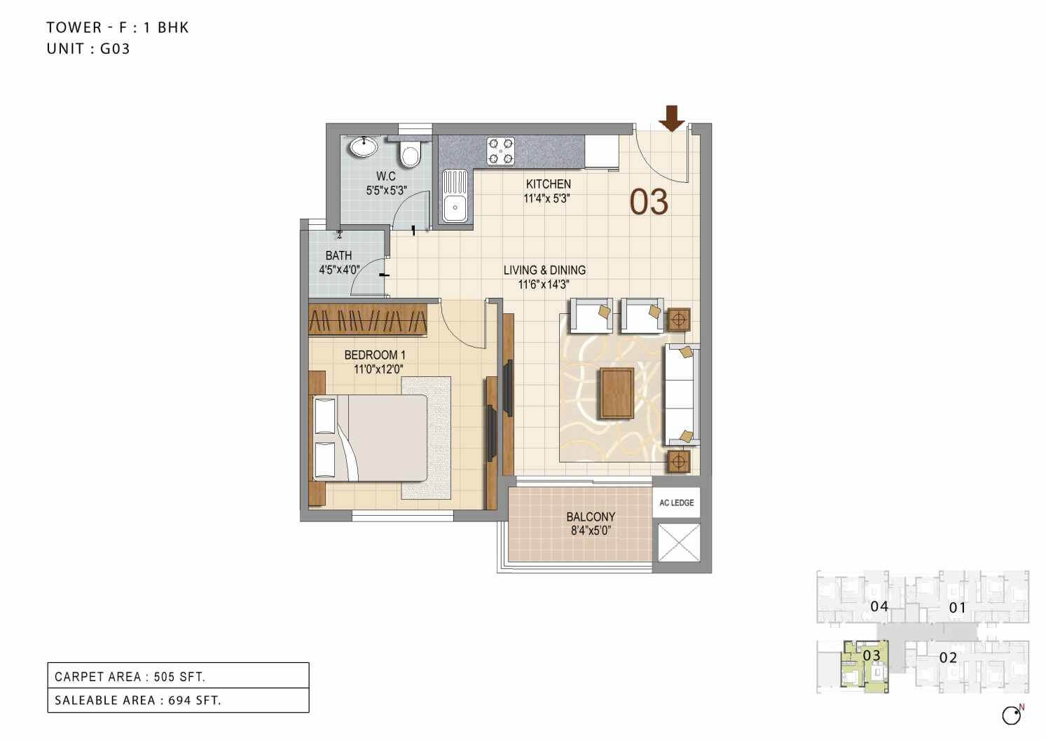 Floor plan of 1 BHK 694 Sq. Ft. Apartment in Ozone Urbana Heights, Bangalore